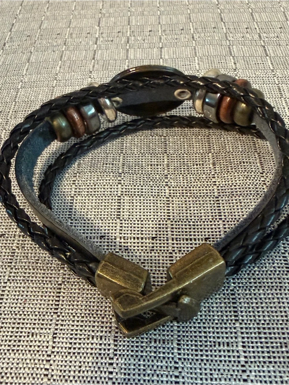 Black Leather Taurus Bracelet with Brass Accent